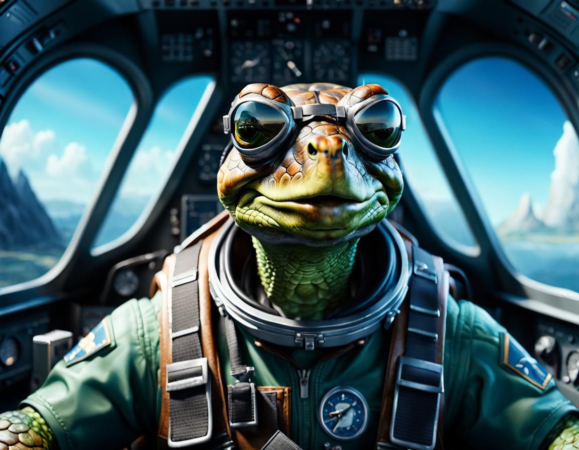 Anthropomorphic Turtle Jet Pilot in Photorealistic Style