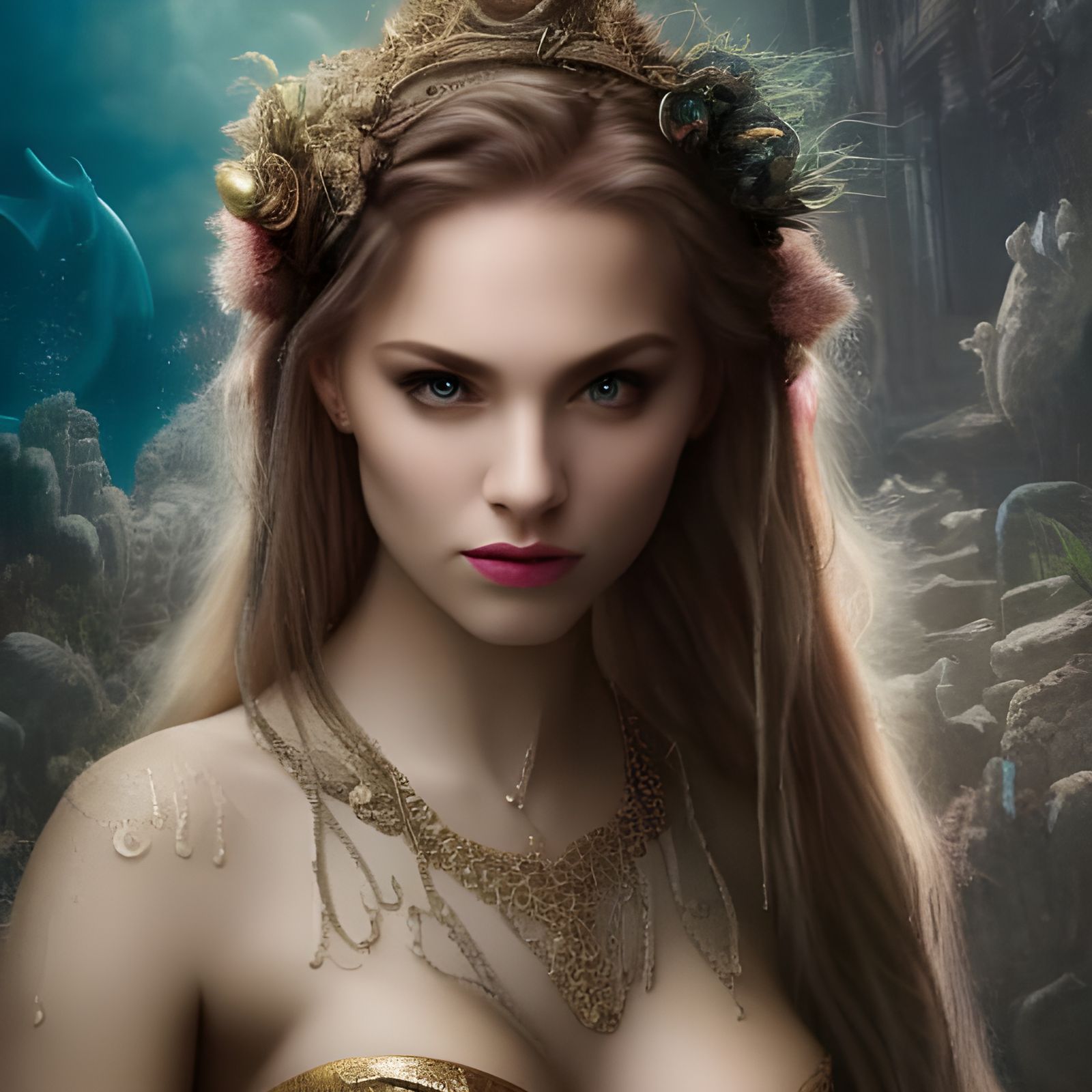 Beautiful Mermaid with Pretty Face in Digital Painting