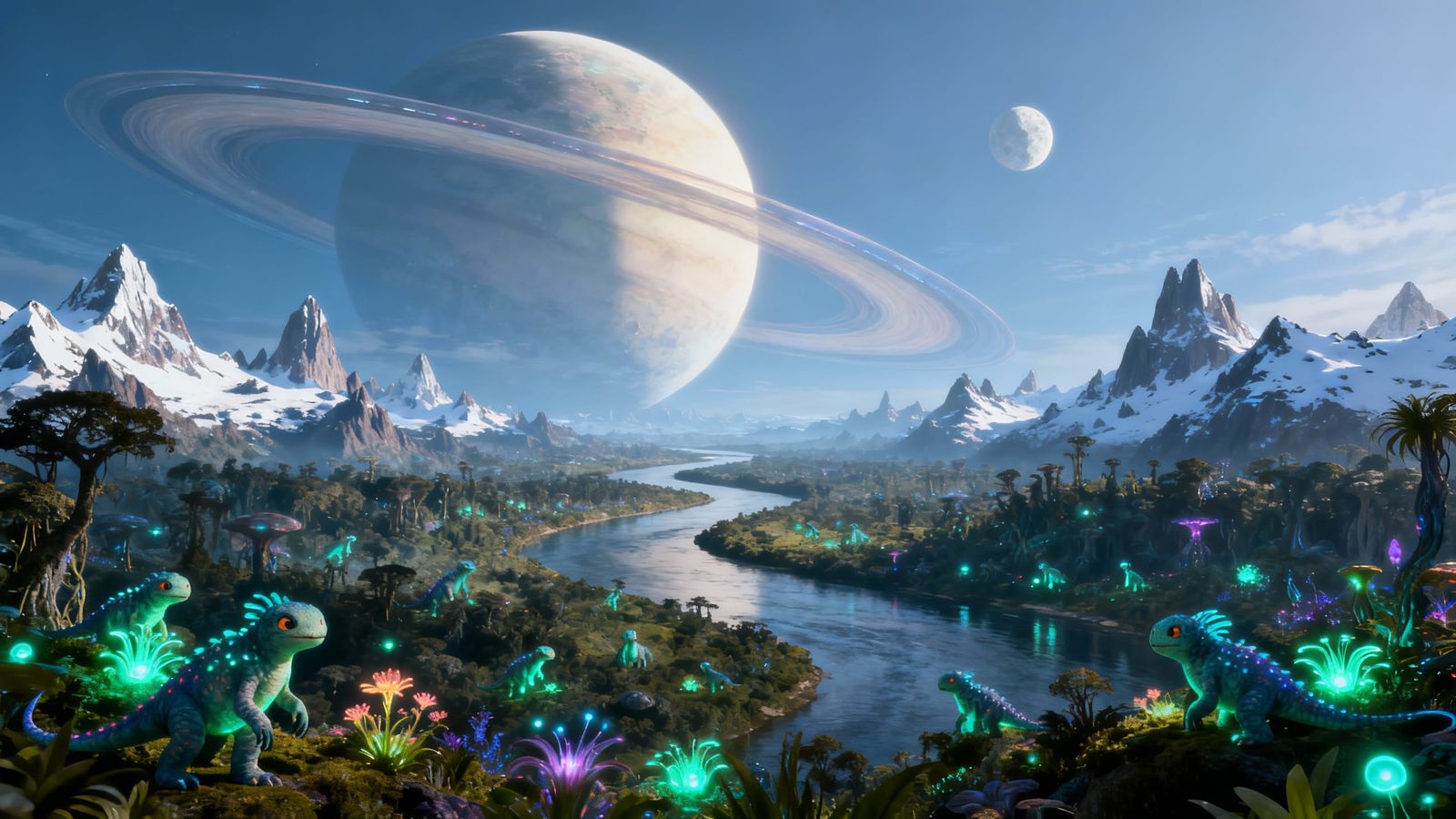 Alien Landscape with Ringed Moon and Bioluminescent Creature...