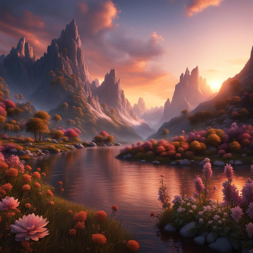 Sunset Over Mountain River: Fantasy Concept Art