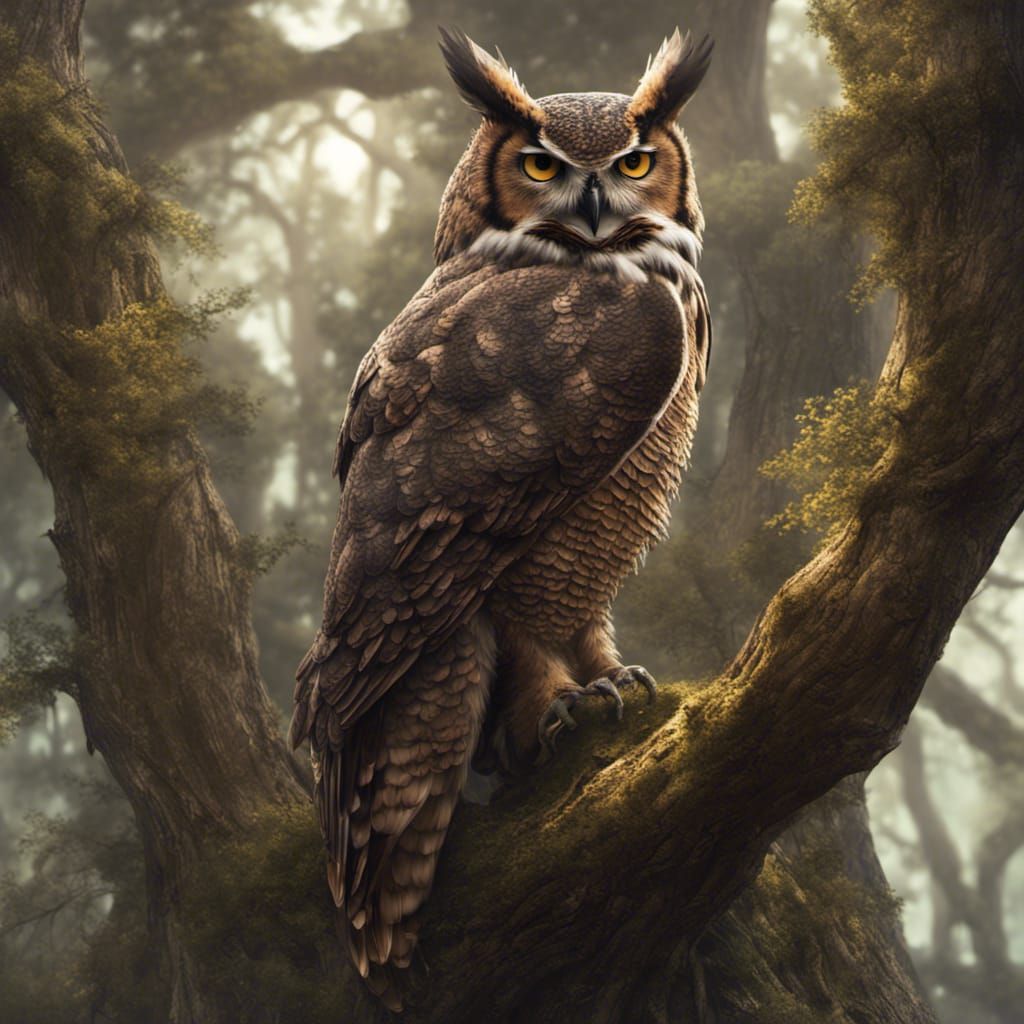 Great Horned Owl in Oak Tree: Digital Matte Painting