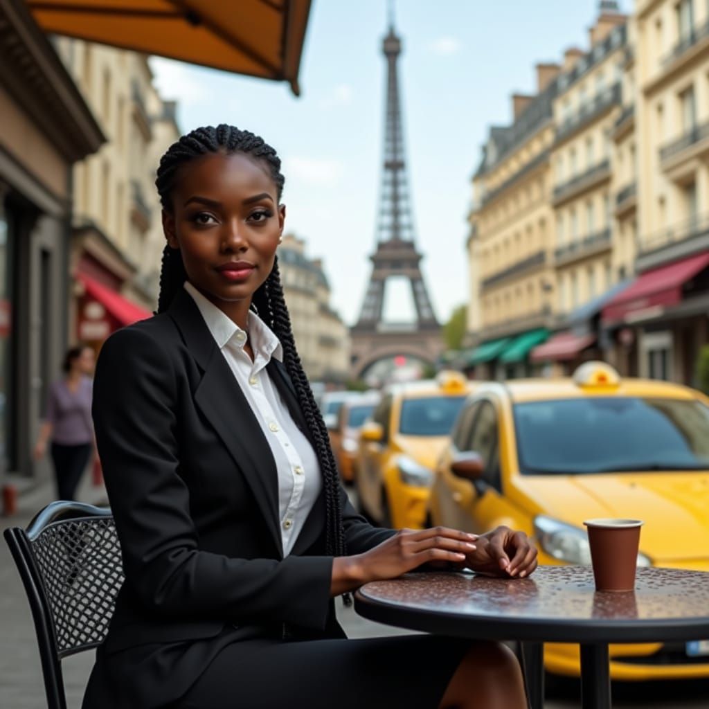 African American Woman in Paris Cafe, Eiffel Tower View