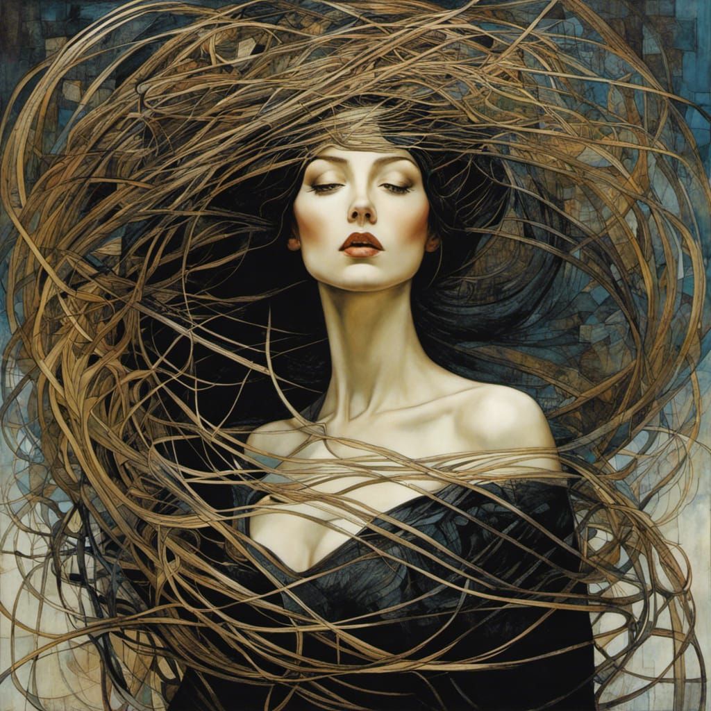 Woman in Abstract Crosshatch: Surrealist Digital Art