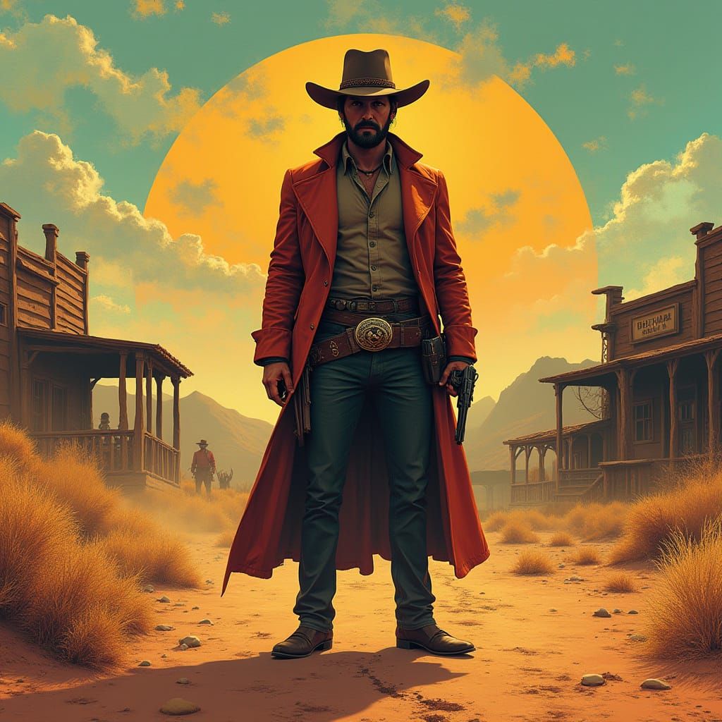 Cyberpunk-Inspired Gunslinger in a Dusty, Sun-Scorched Lands...
