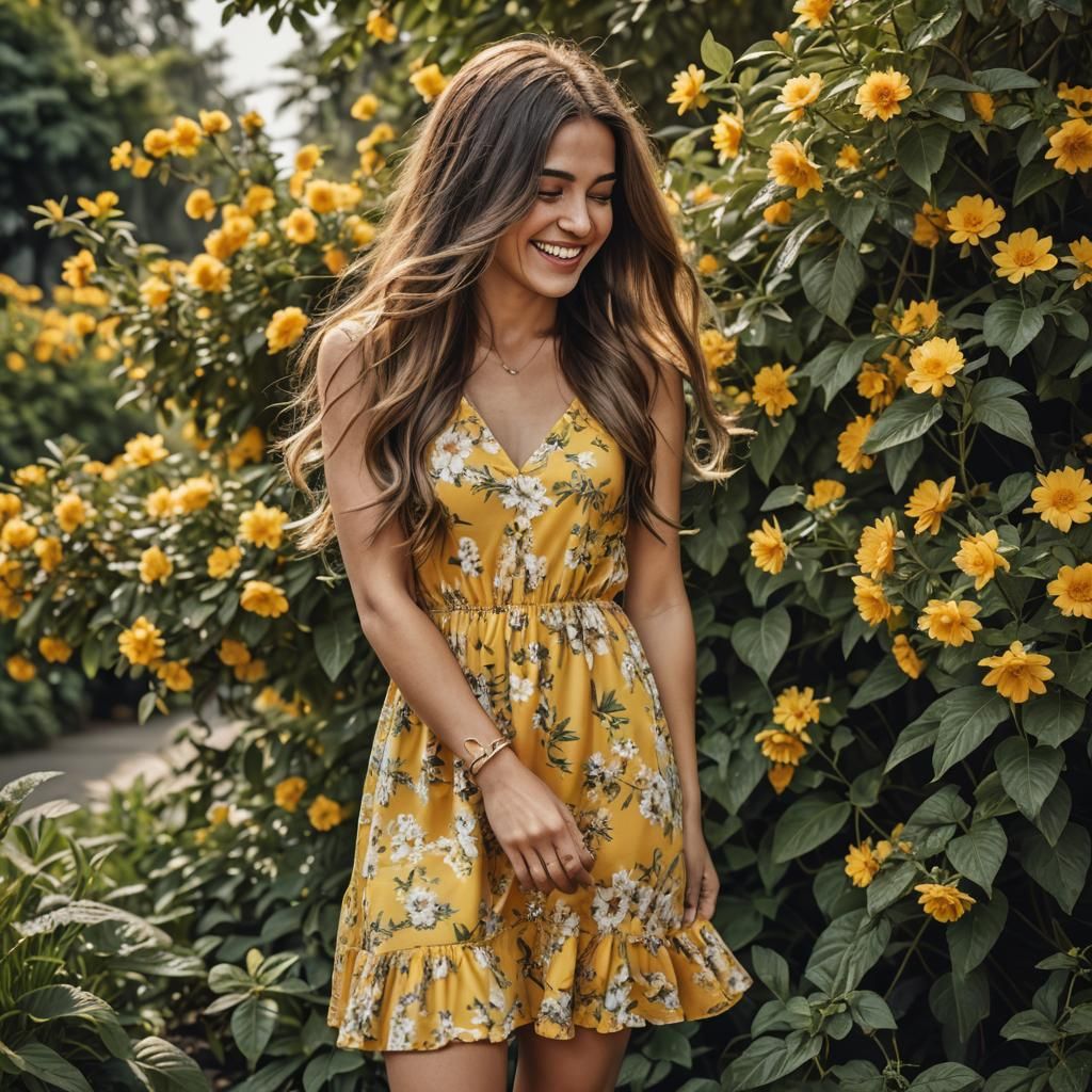Smiling Woman in Yellow Floral Dress