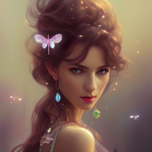 Dragonfly Princess Portrait in Art Nouveau Style