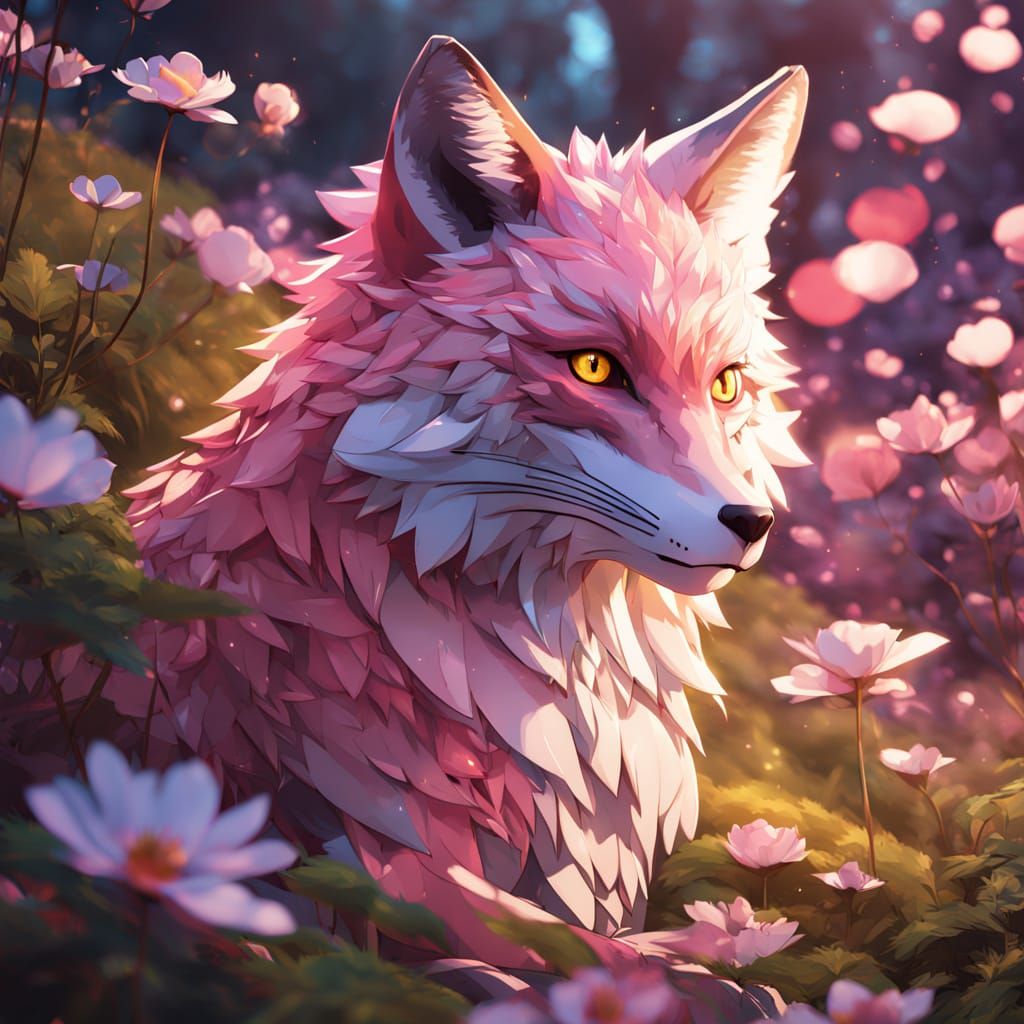Vibrant Anime Art of a Pink Gingham Fox in a Lush Forest