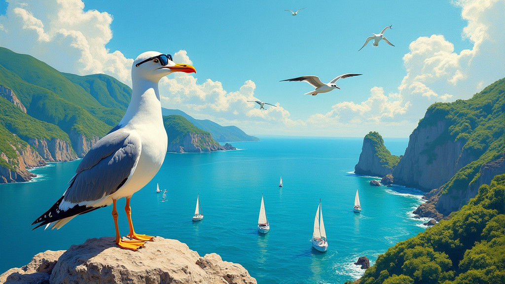 Seagull in Sunglasses: Post-Impressionist Coastal Painting