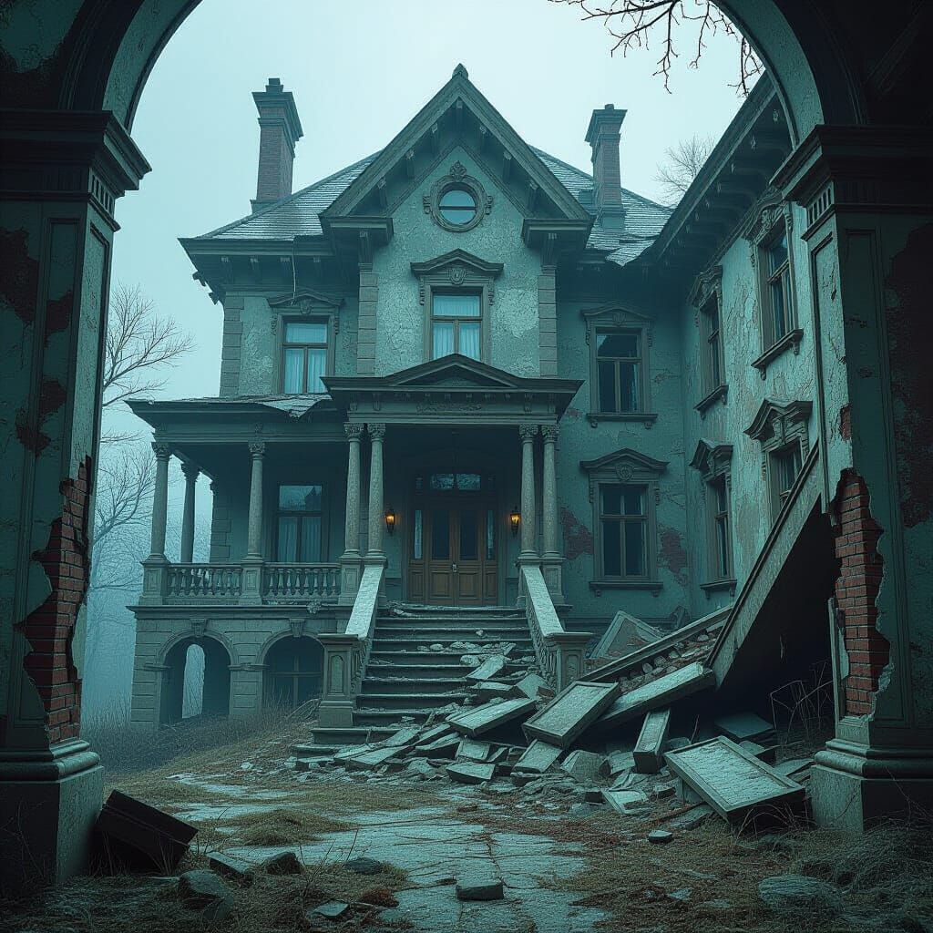 Surreal Imploding Mansion in Dystopian Future Style