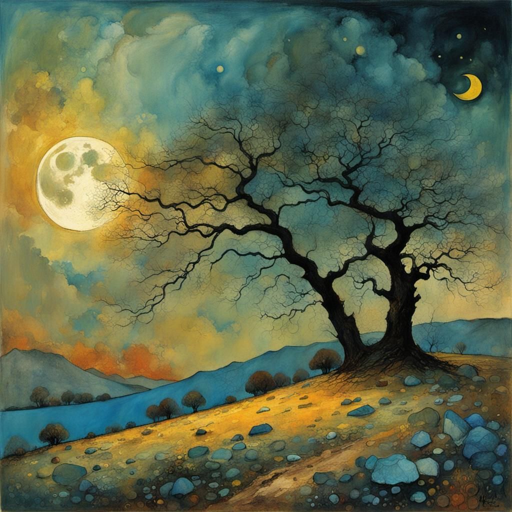 Half Moon at Dusk in Textured Impasto Style