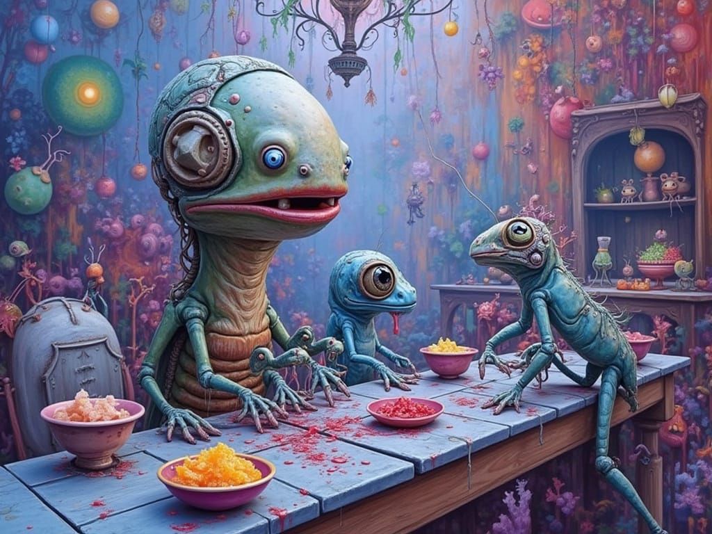 Deformed Frog Last Supper in Surreal Style