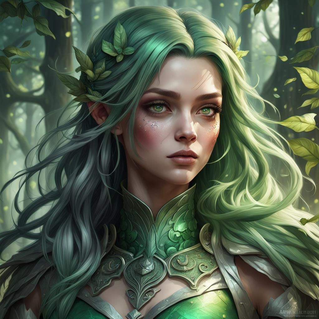 Green-Haired Fairy Portrait in Fantasy Forest