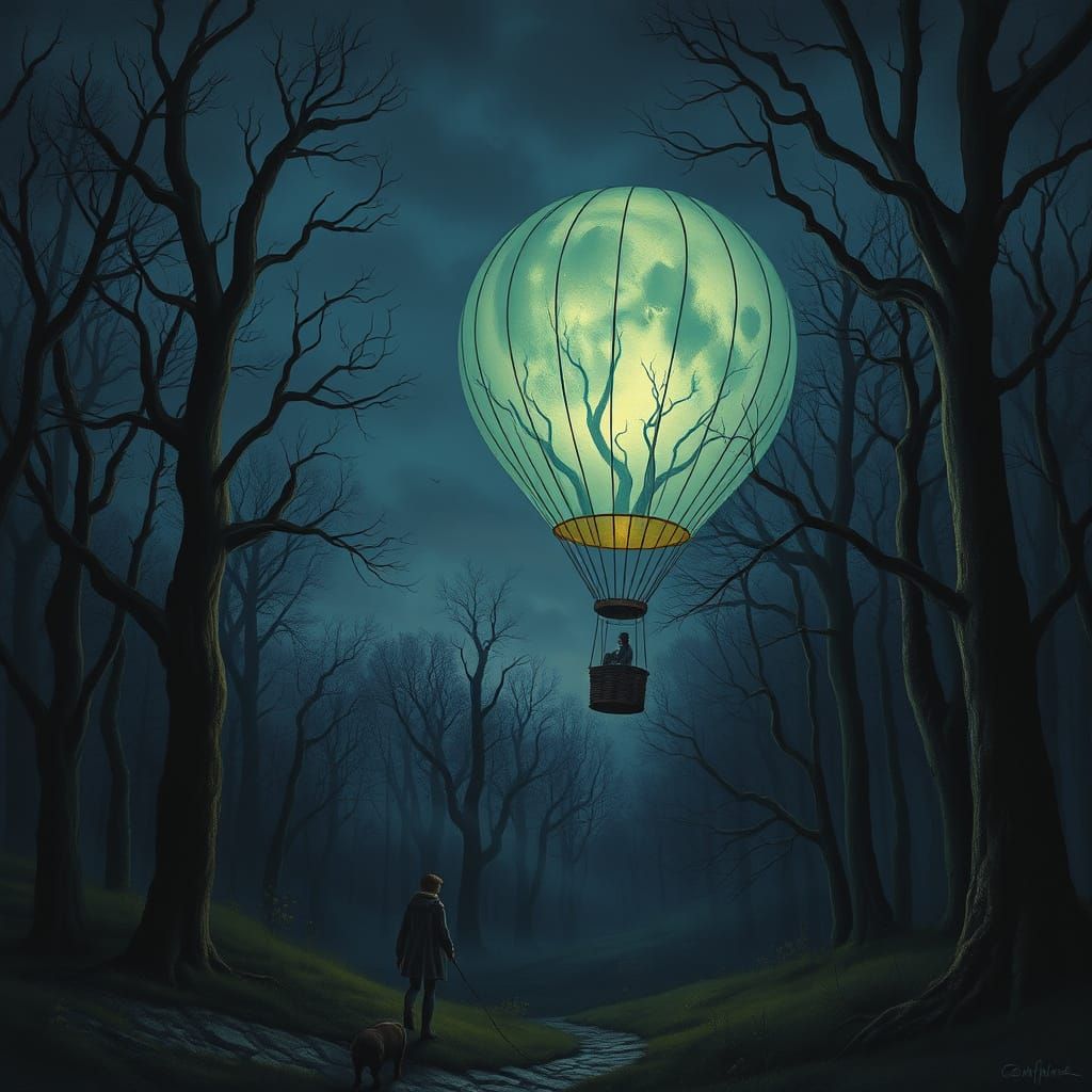 Ethereal Balloon Drifting Through Haunted Twilight Forest
