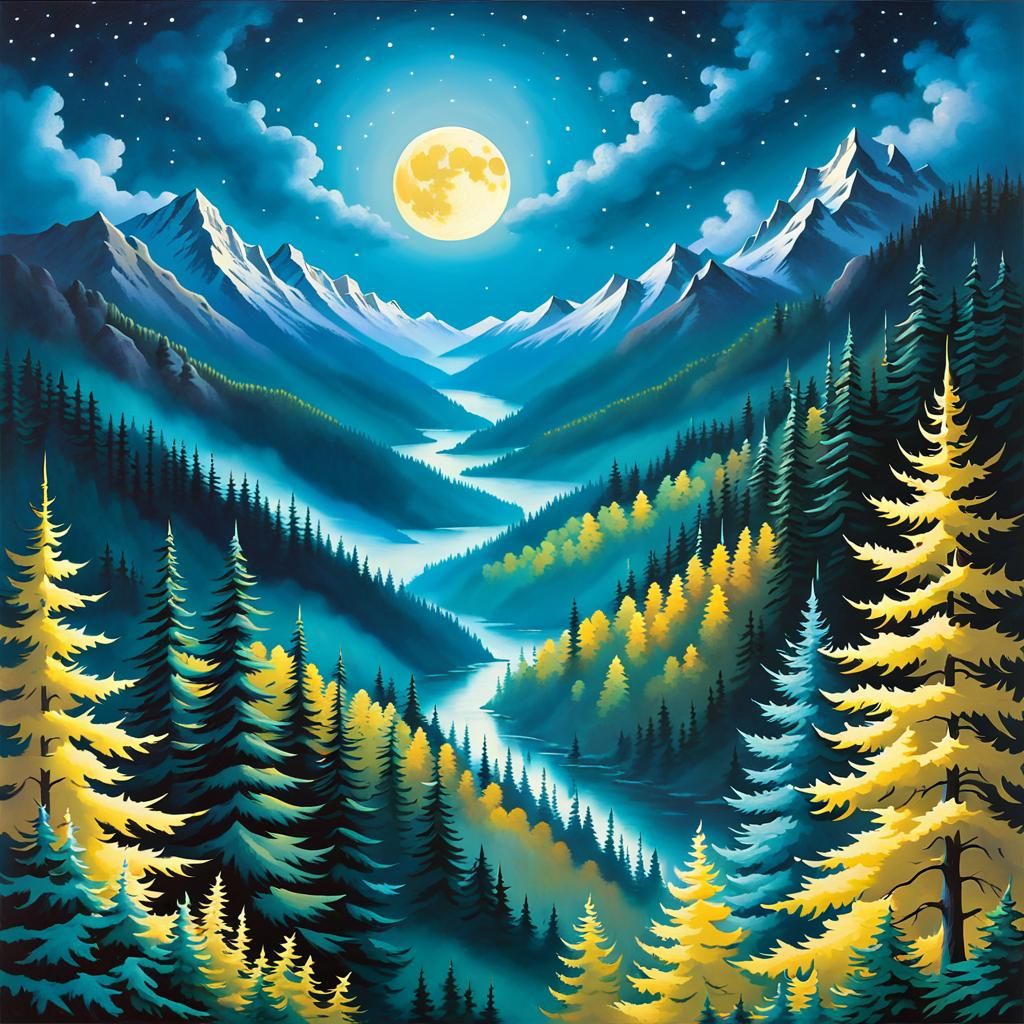 Teal Evergreen Forest Under Starry Night Sky