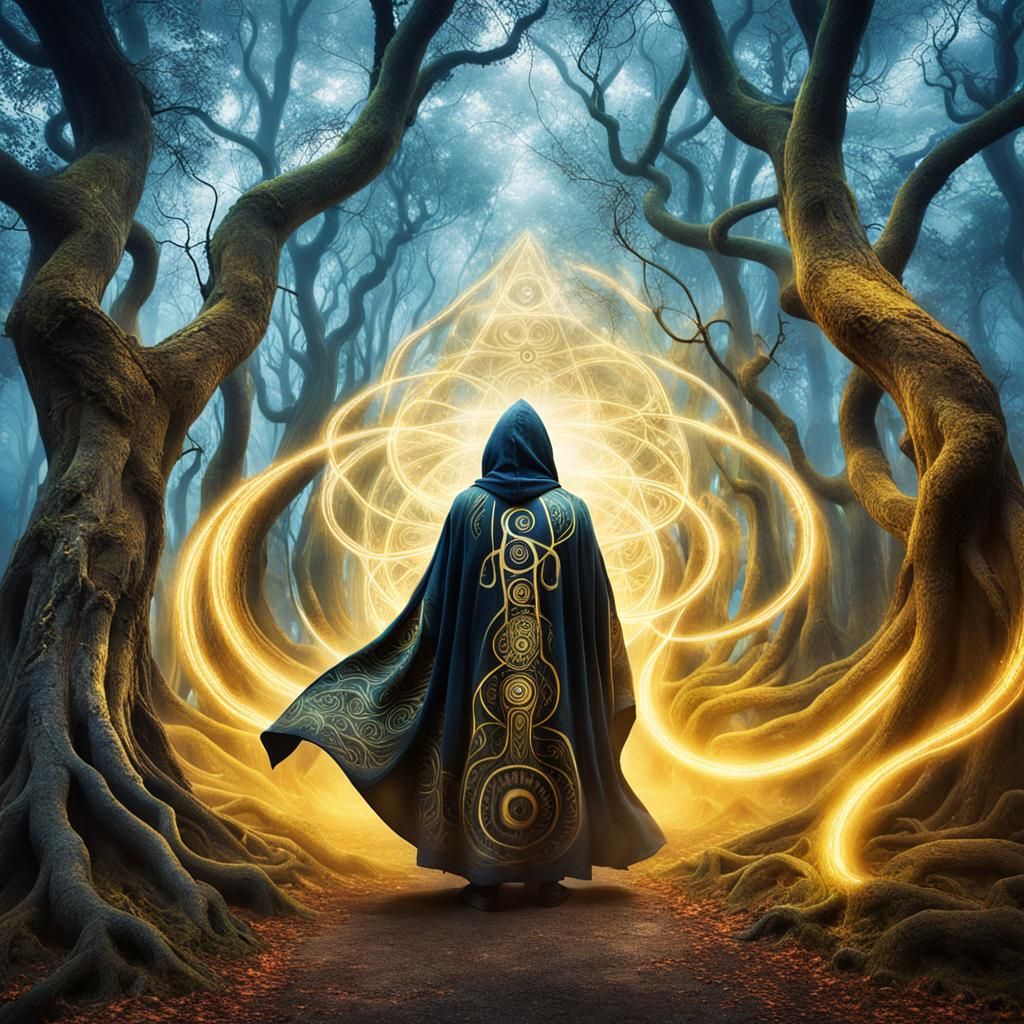 Mystical Hooded Figure in Surreal Street Art