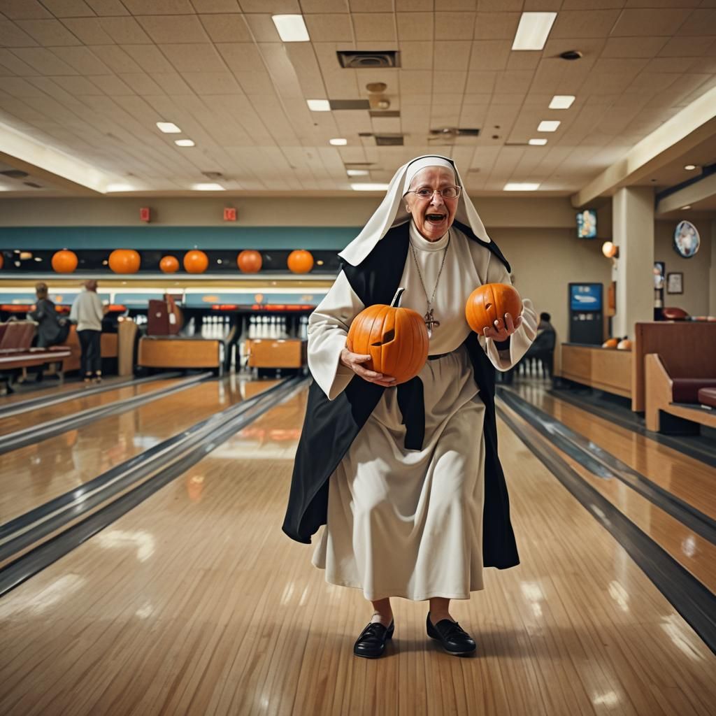 Nun Bowling with Pumpkin in Photorealistic Style