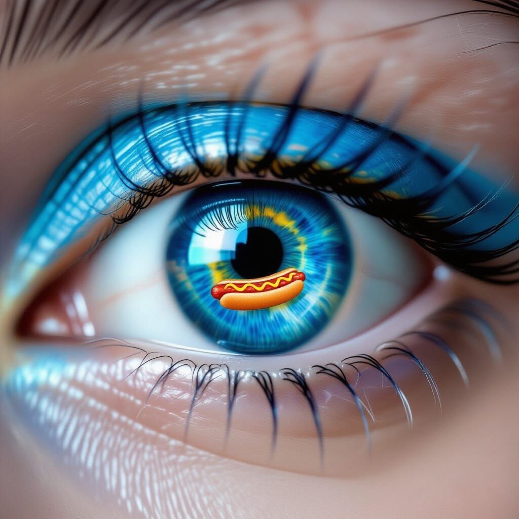 Blue Eye Reflecting a Hotdog: A Curious Close-Up