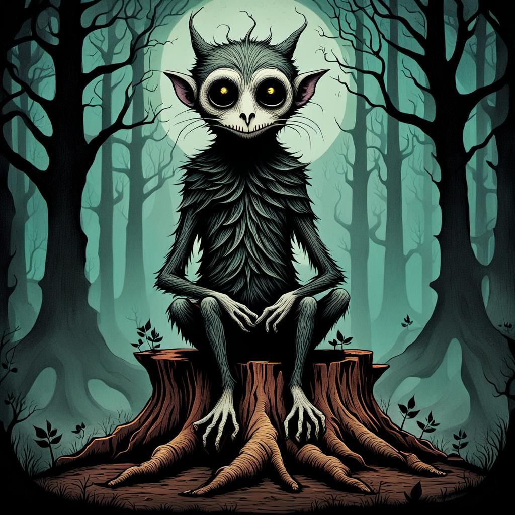 Eerie Creature in Dark Forest: Gothic Illustration