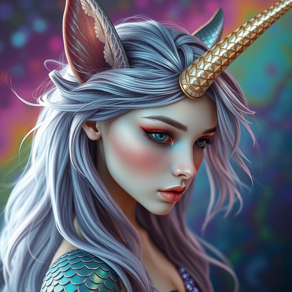 Iridescent Mermaid-Unicorn Hybrid in a Hyperrealistic Style