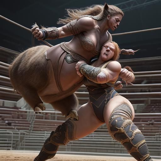 Elven Wrestler and Boar in Arena: Digital Art