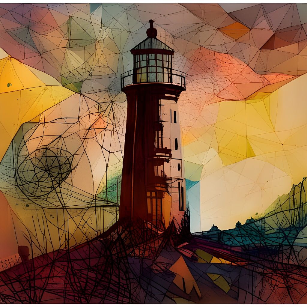 Lighthouse in Foggy Night, Mixed Media Collage