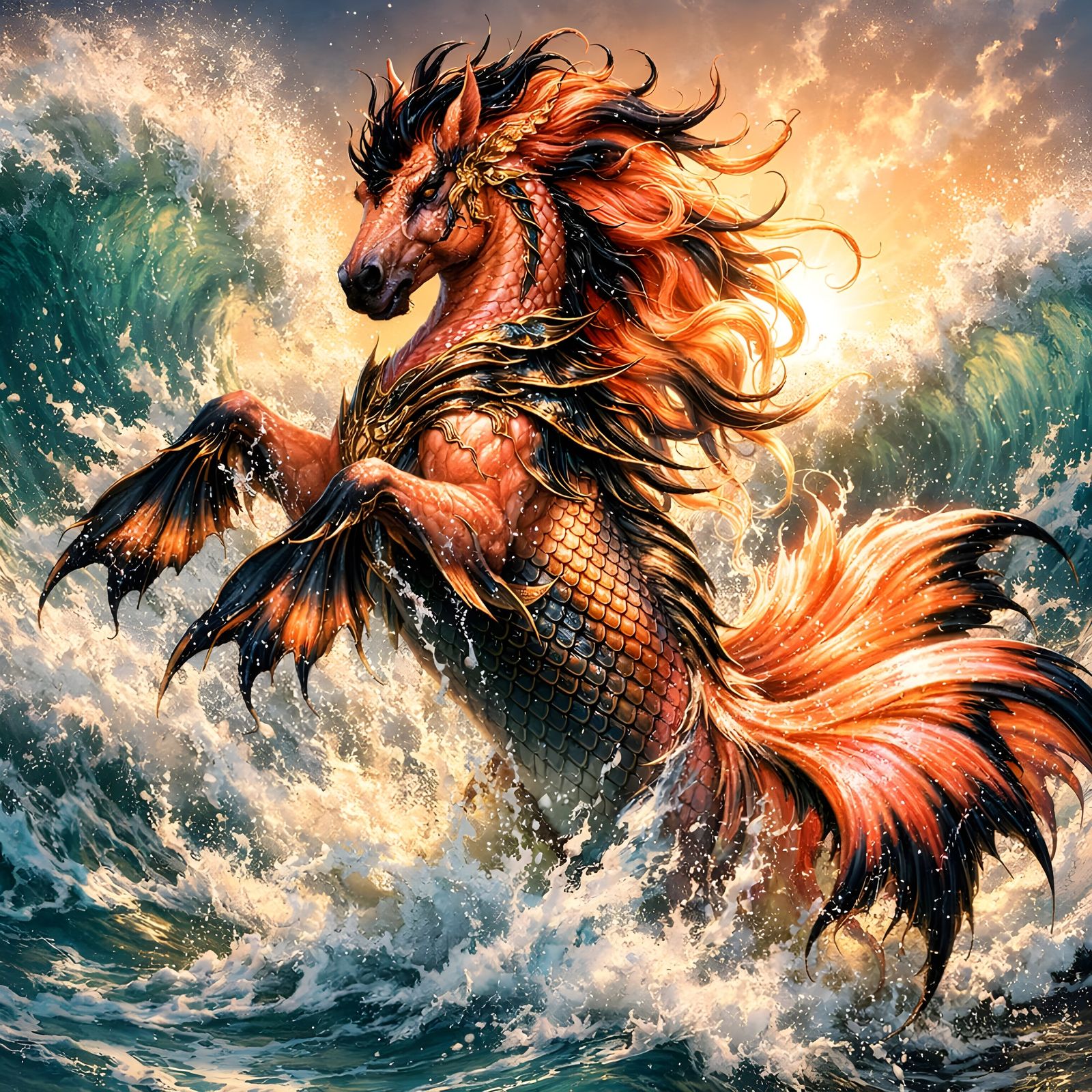 Mythical Orange-Pink Hippocampus Splashing in Turquoise Wave...