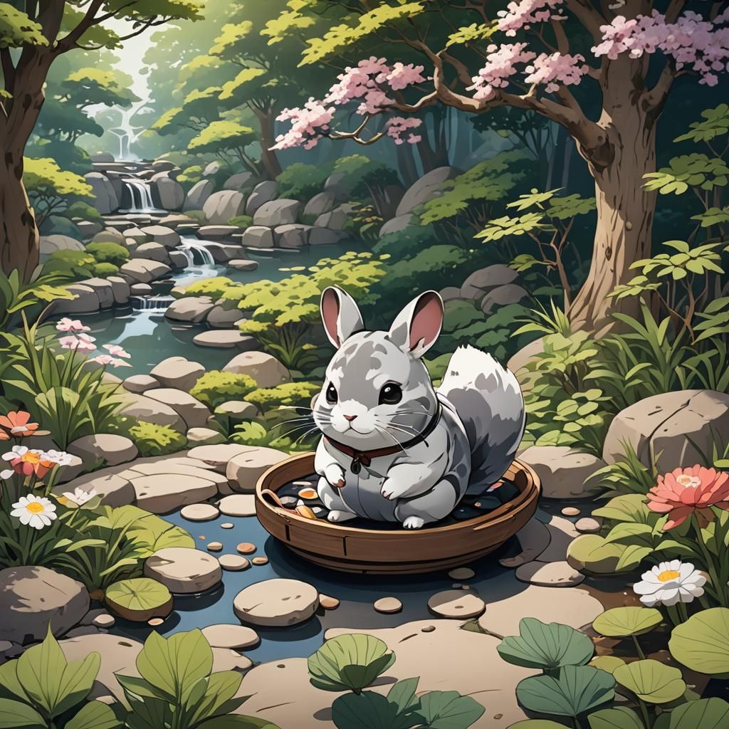 Chinchilla in Japanese Garden, Anime Style