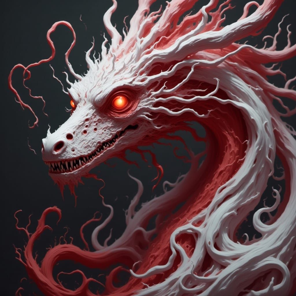Ethereal Crimson Dragon in Ghostly Silver Hues