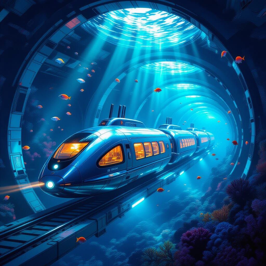 Futuristic Submarine Trains in Atlantis, Sci-Fi Style