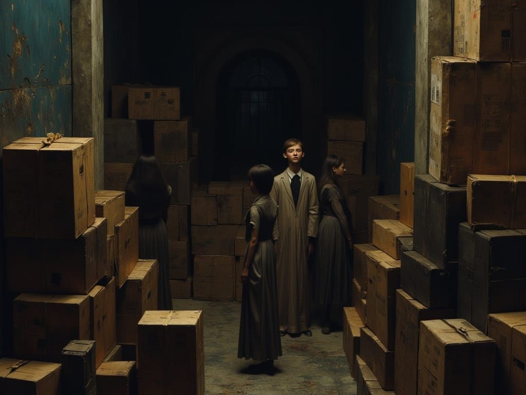 Figures Stare at Boxes in Dark Room Concept Art