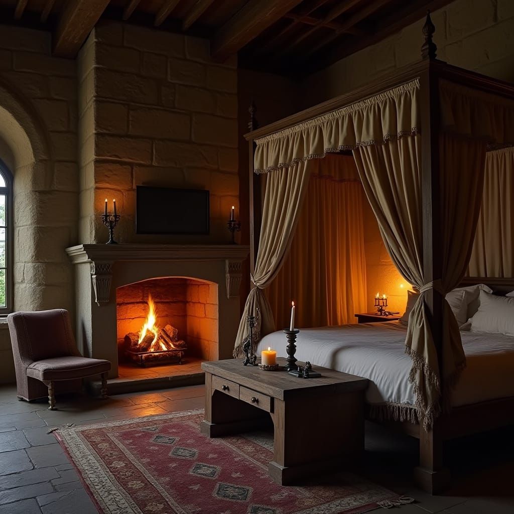 Medieval Castle Guest Chamber Lit by Firelight