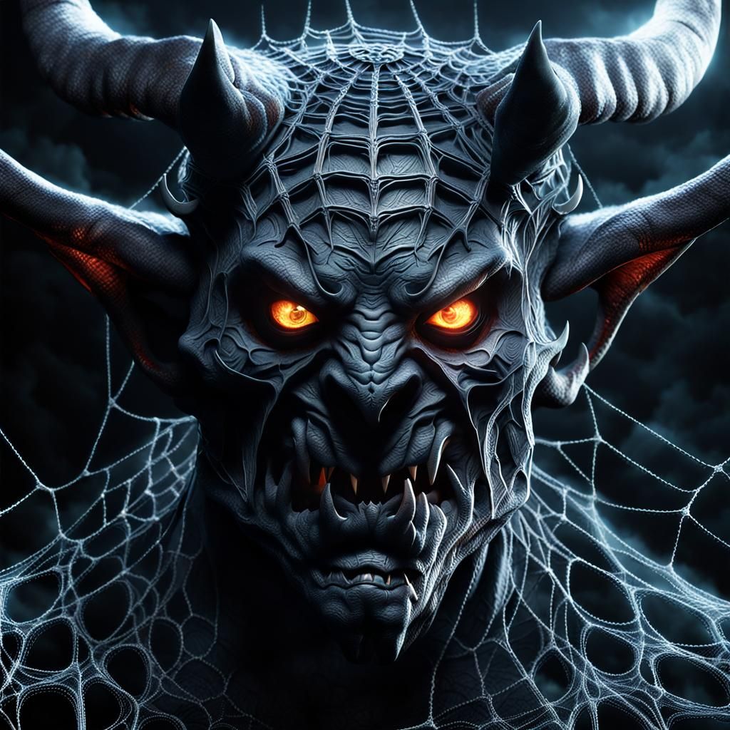 Horned Demon Face Woven From Spiderwebs