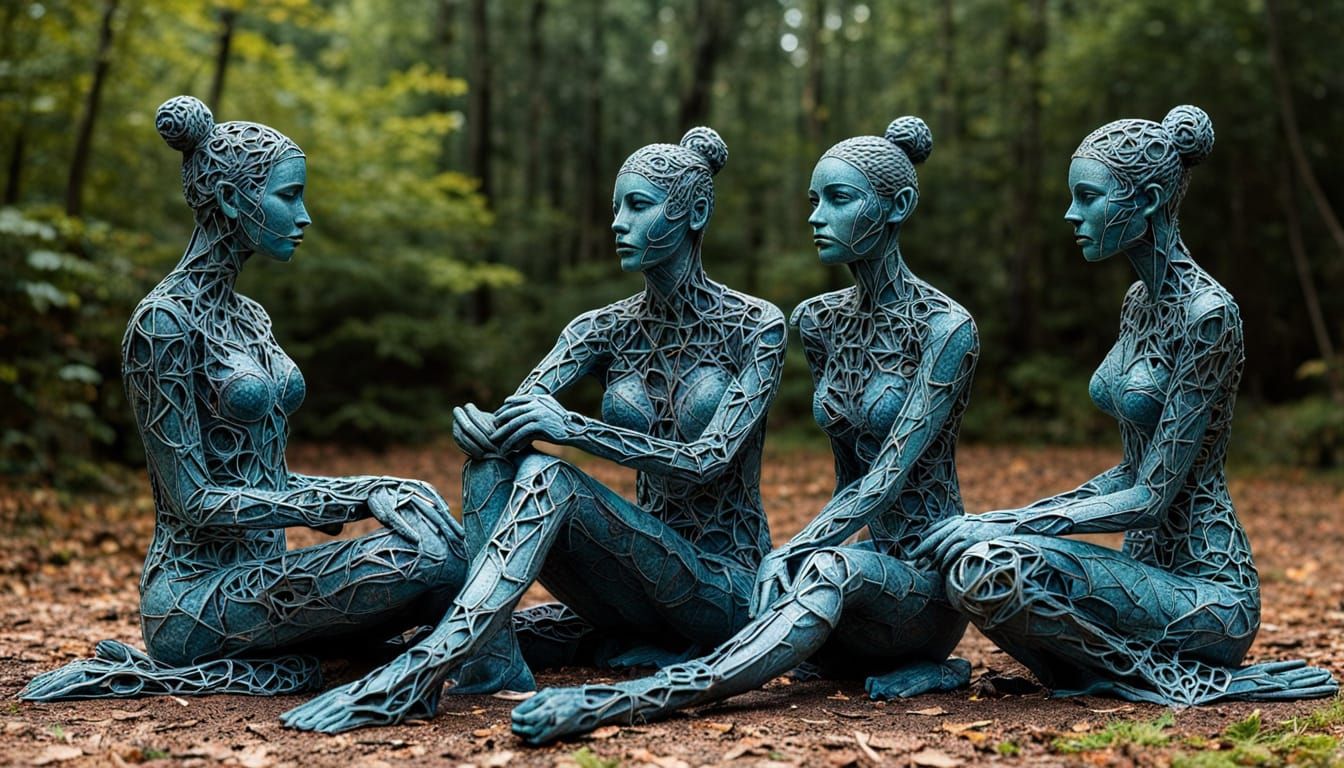 Surreal Sculpture of Seven Women by Sunset with Fragments of...