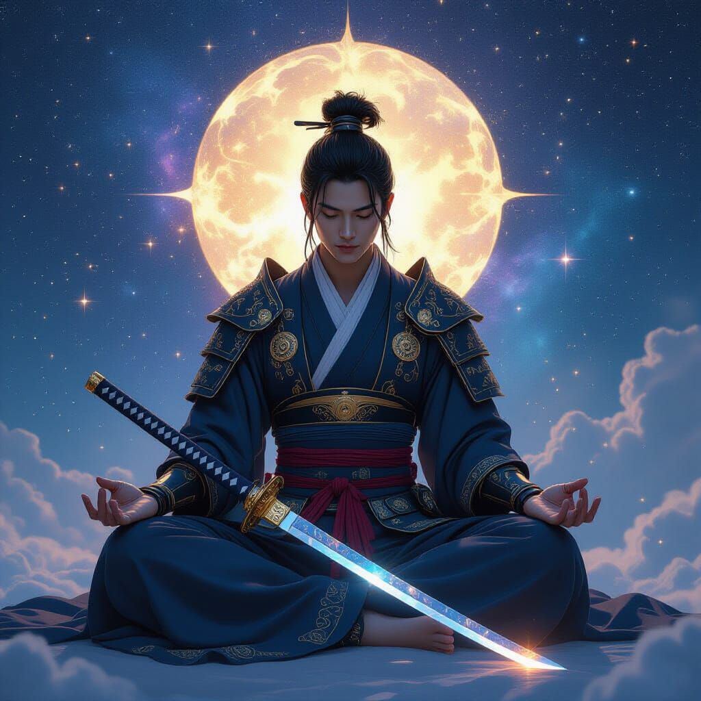Cosmic Samurai Meditating Among Constellations