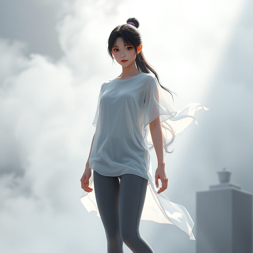 Korean Teenage Girl in Misty Landscape, Anime Style