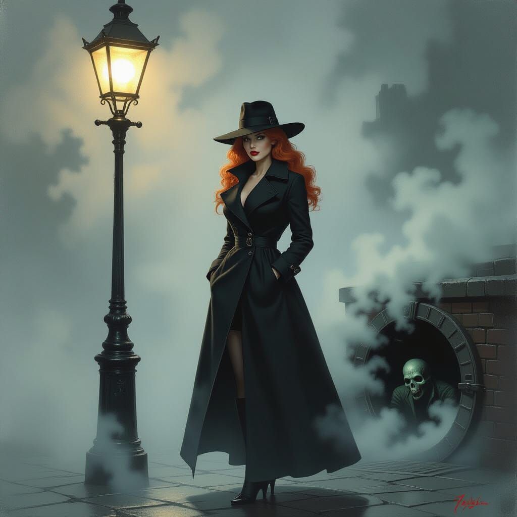 Femme Fatale in Noir Setting, Oil Painting Style