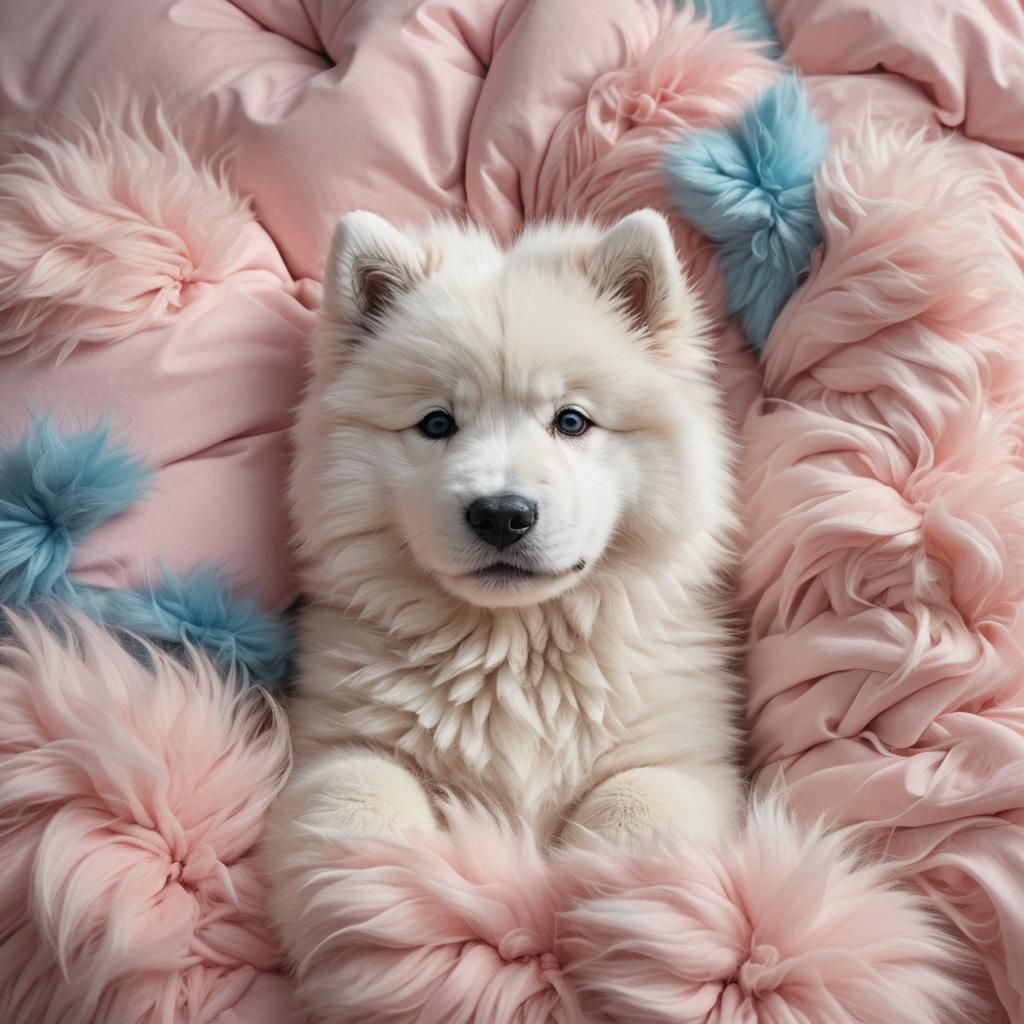 Fluffy Samoyed Puppy on Pink Pillow
