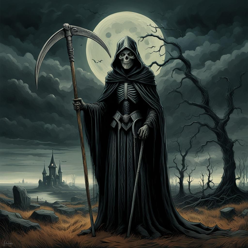 Grim Reaper Portrait in Gothic Dark Surrealism