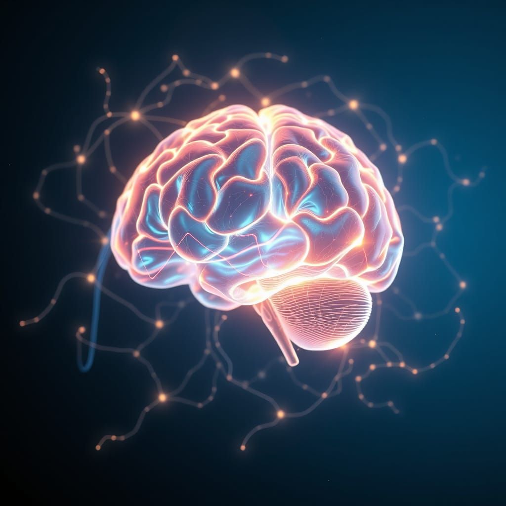 Glowing Brain Suspended in Cosmic Blue