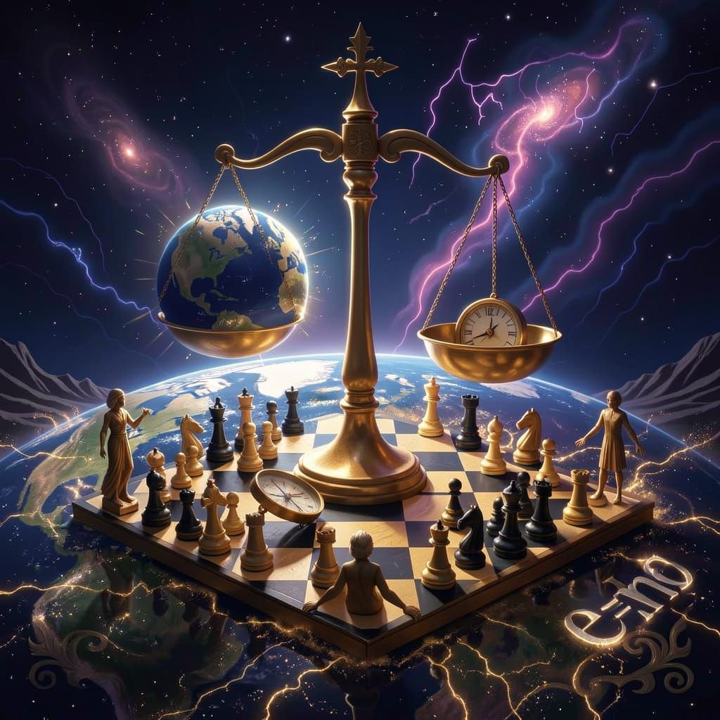 Cosmic Chess Game Symbolizing Justice on Earth
