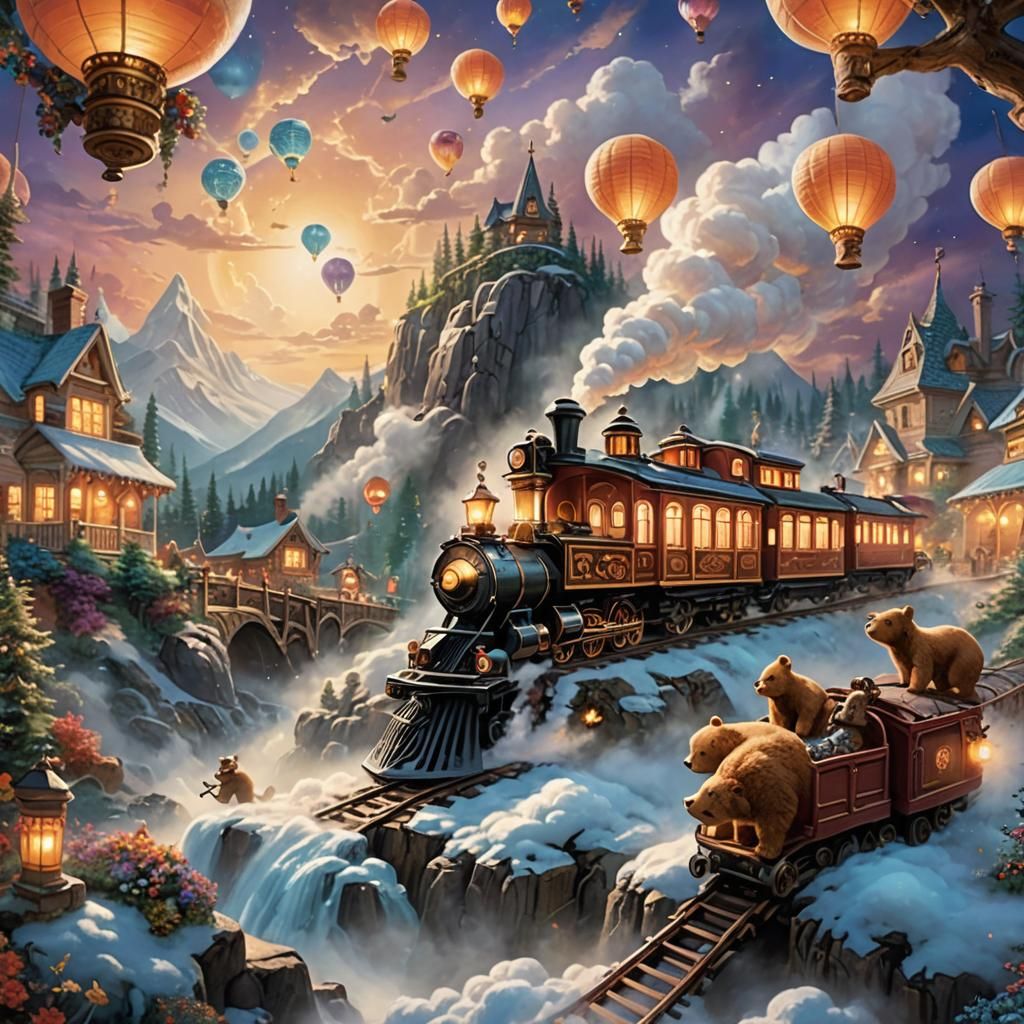 Mystical Train Journey Through Clouds with Dancing Bears