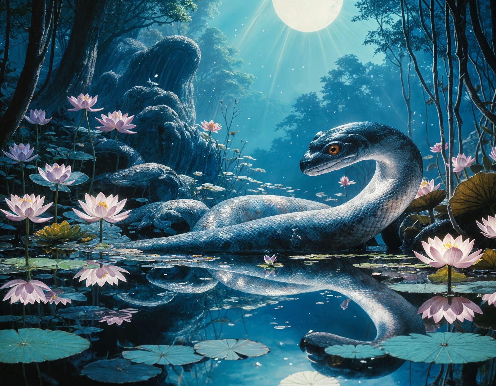 Iridescent Snake in Mystical Forest, Ghibli-Frazetta Style