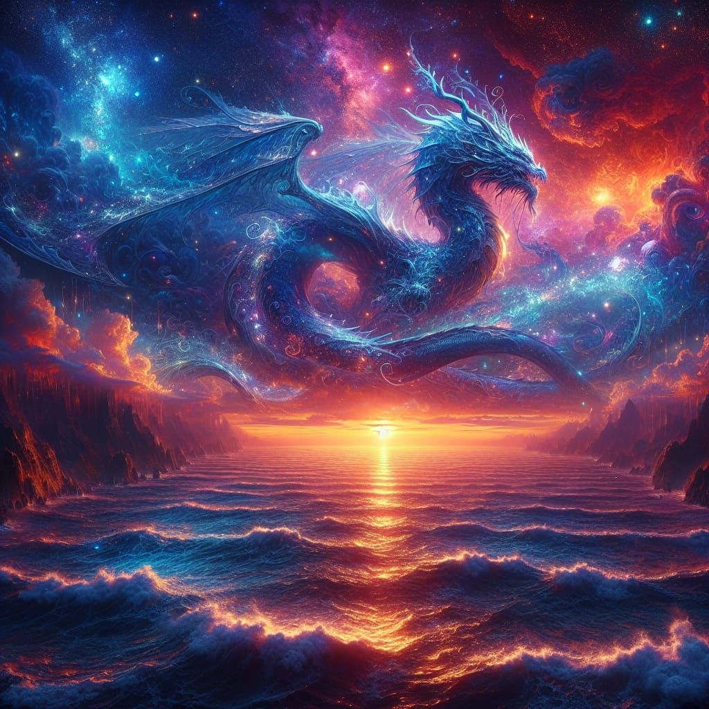 Dragon Shimmers Above Sunrise Sea: Fantasy Concept Art