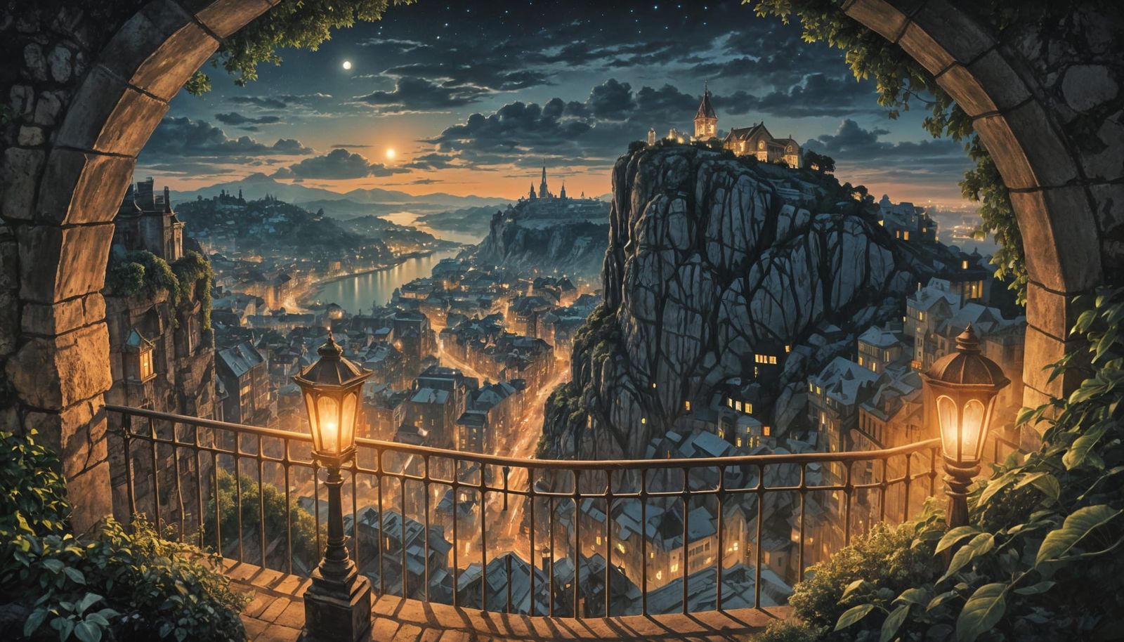 Bustling City at Night Through Mystical Portal