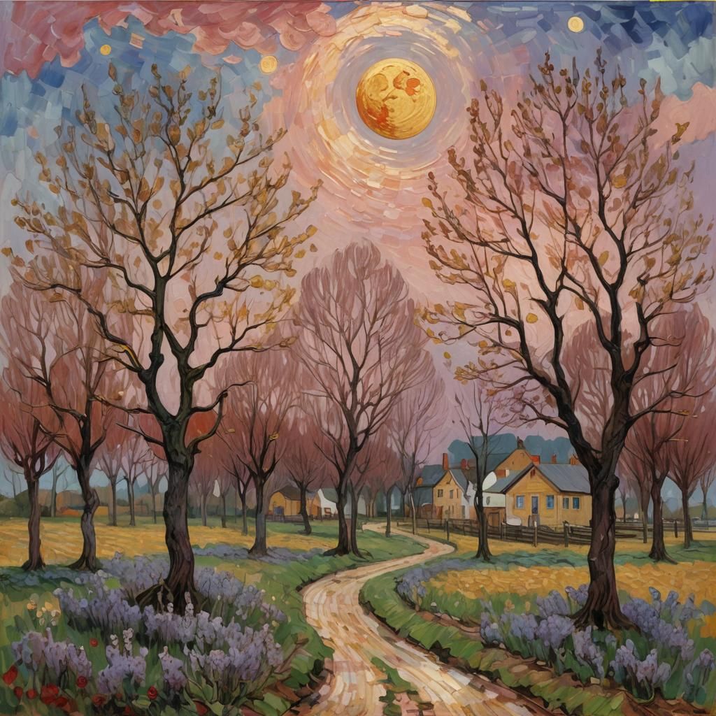 Expressionist Sunset Sky with Village in Impasto Painting