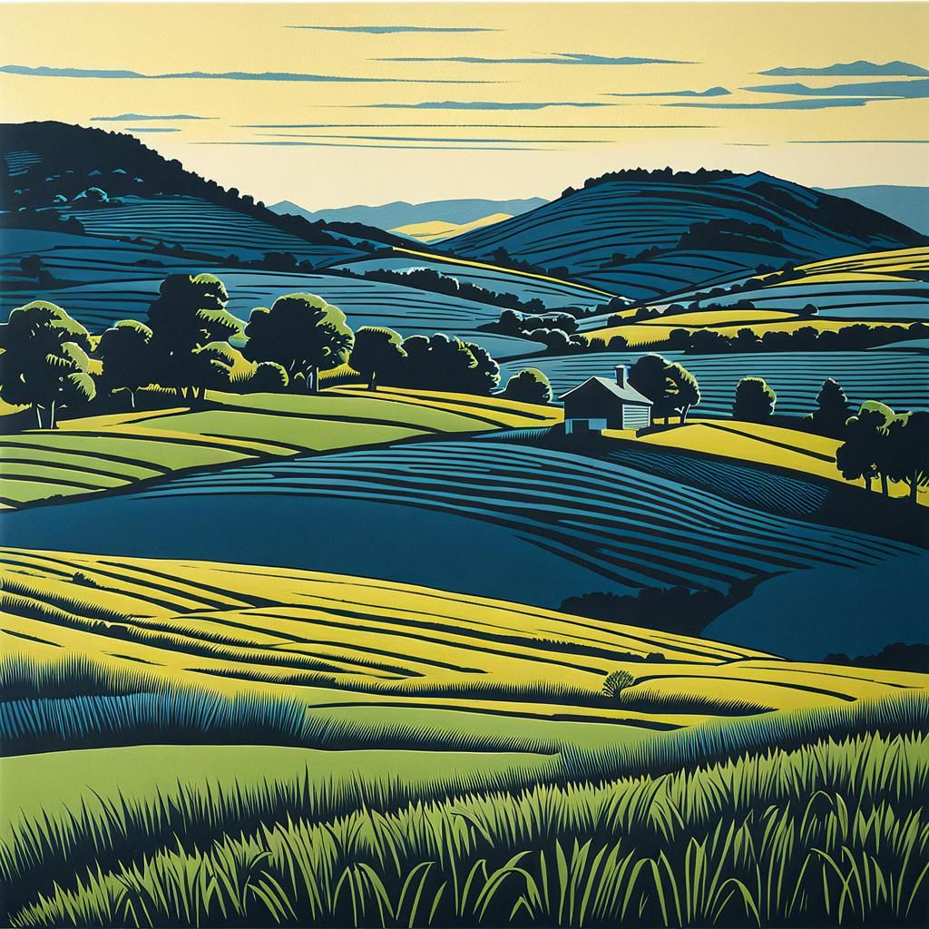 Rural Landscape in Linocut Style
