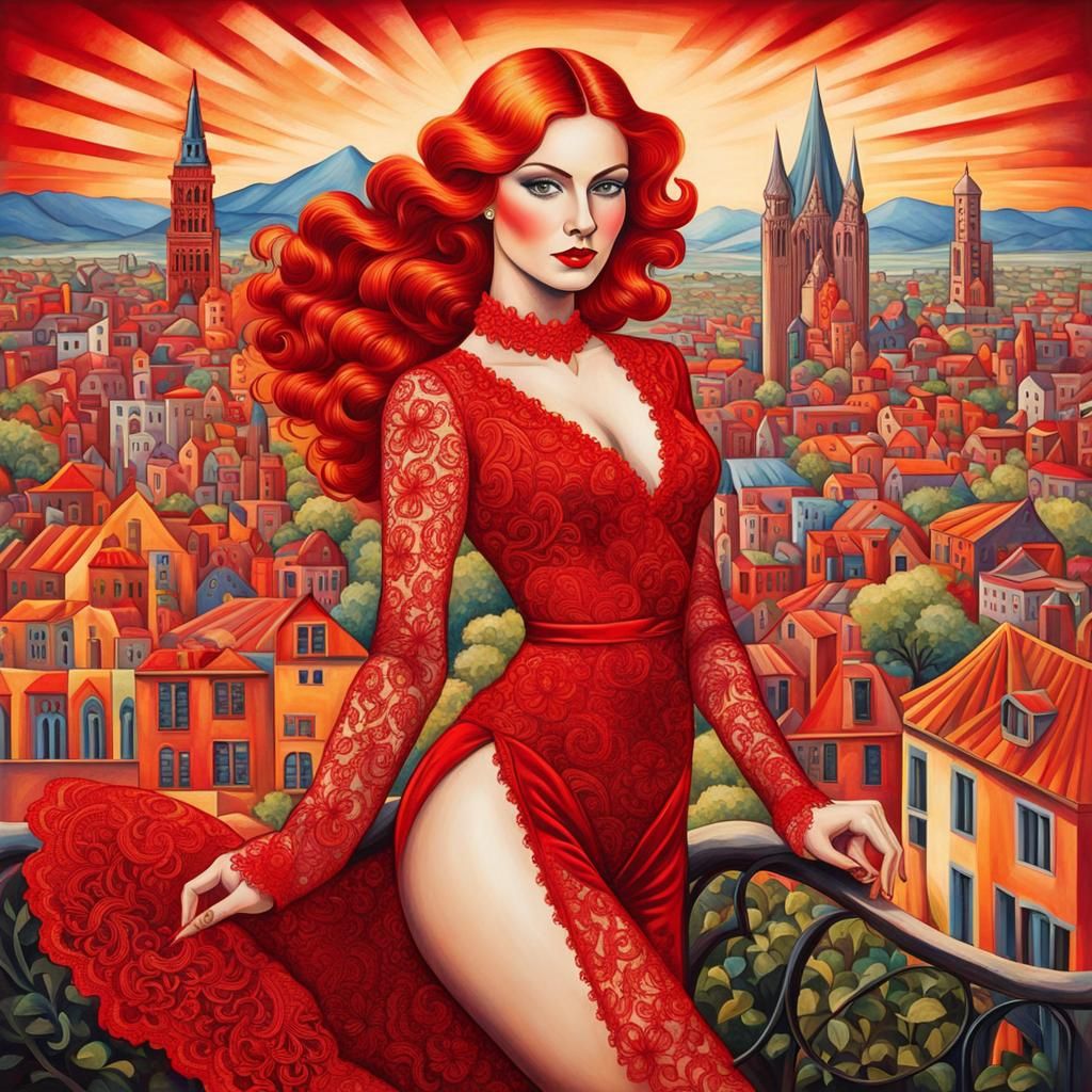 Redhead Dancer in Cityscape, Art Deco Style