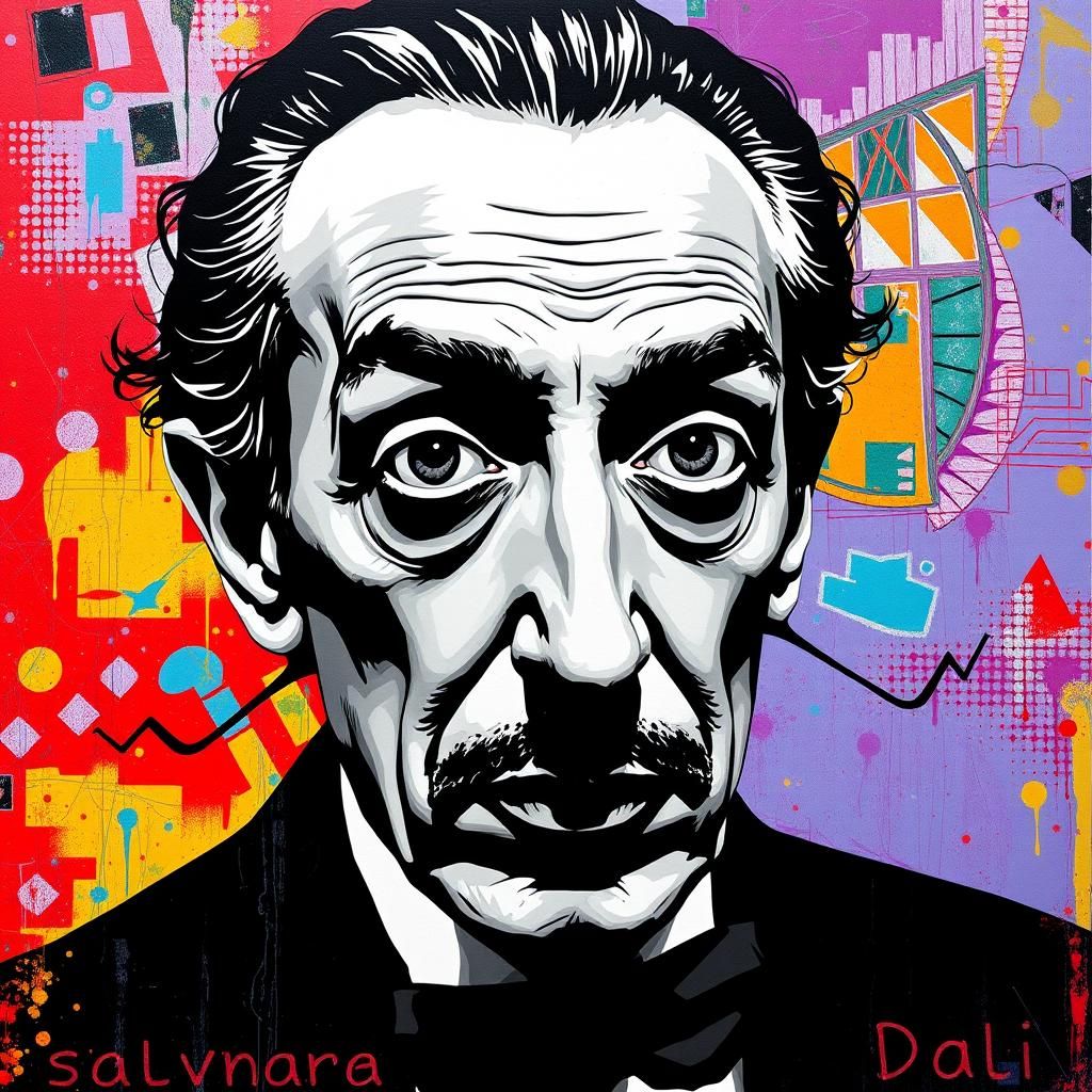 Un portrait vectoriel en noir et blanc de salvador dali, inf...