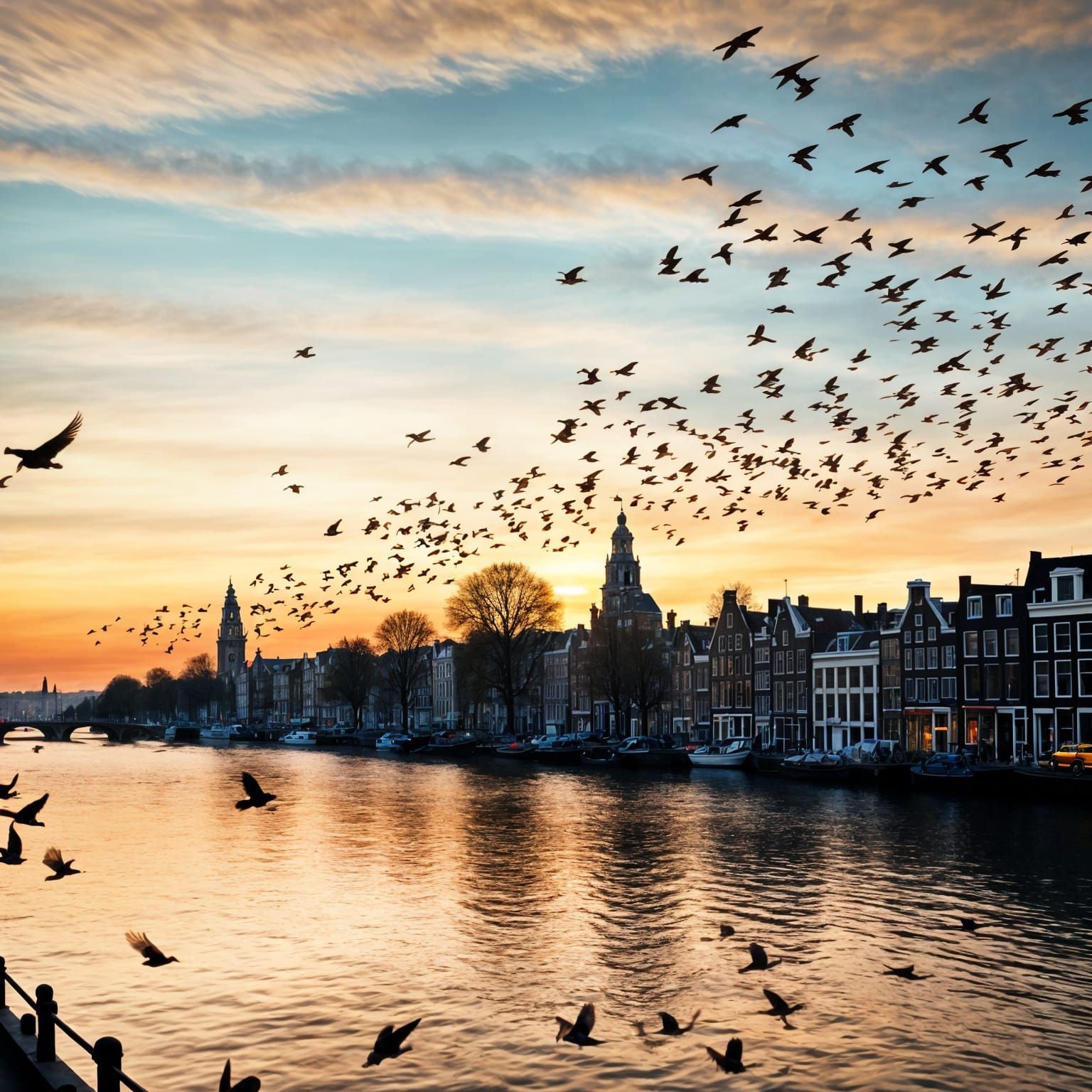 Sparrows Dance Above Amsterdam at Sunset