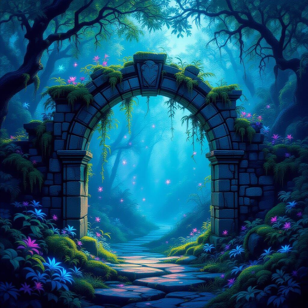Enchanted Forest Archway with Luminous Flora in Painterly St...